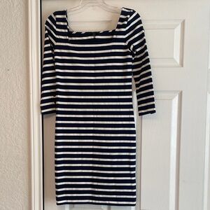 J. Crew Navy and White Long-Sleeve Striped Sheath Dress